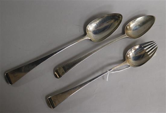 A George III bright cut silver Old English pattern basting spoon, London 1786, George Smith and two other items, 11.5oz total